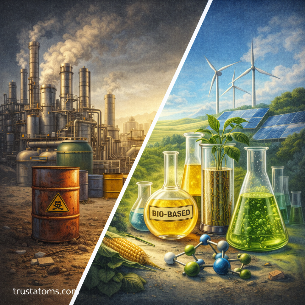 Split illustration comparing traditional chemical industry pollution with sustainable green chemistry using renewable energy and bio-based materials.