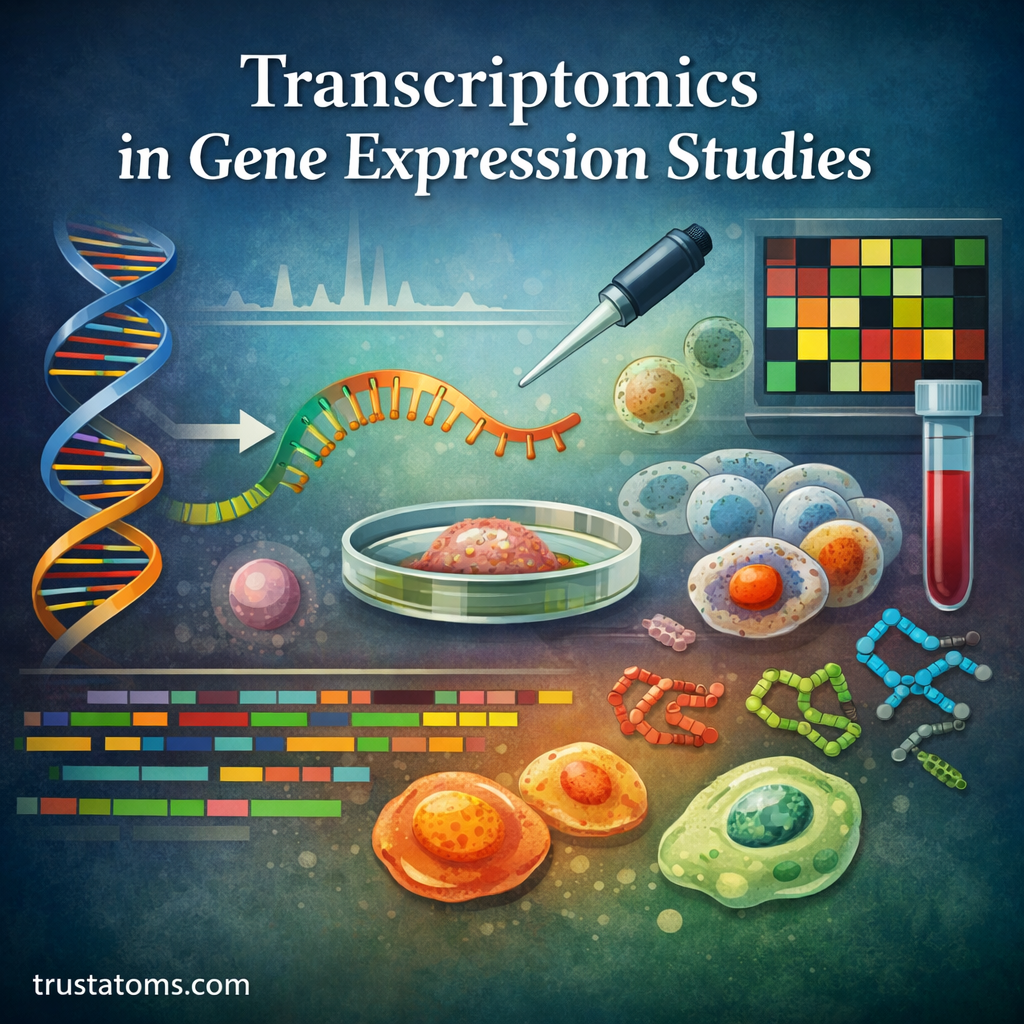 Illustration showing transcriptomics in gene expression studies with DNA converting to RNA, sequencing analysis, and cellular samples.