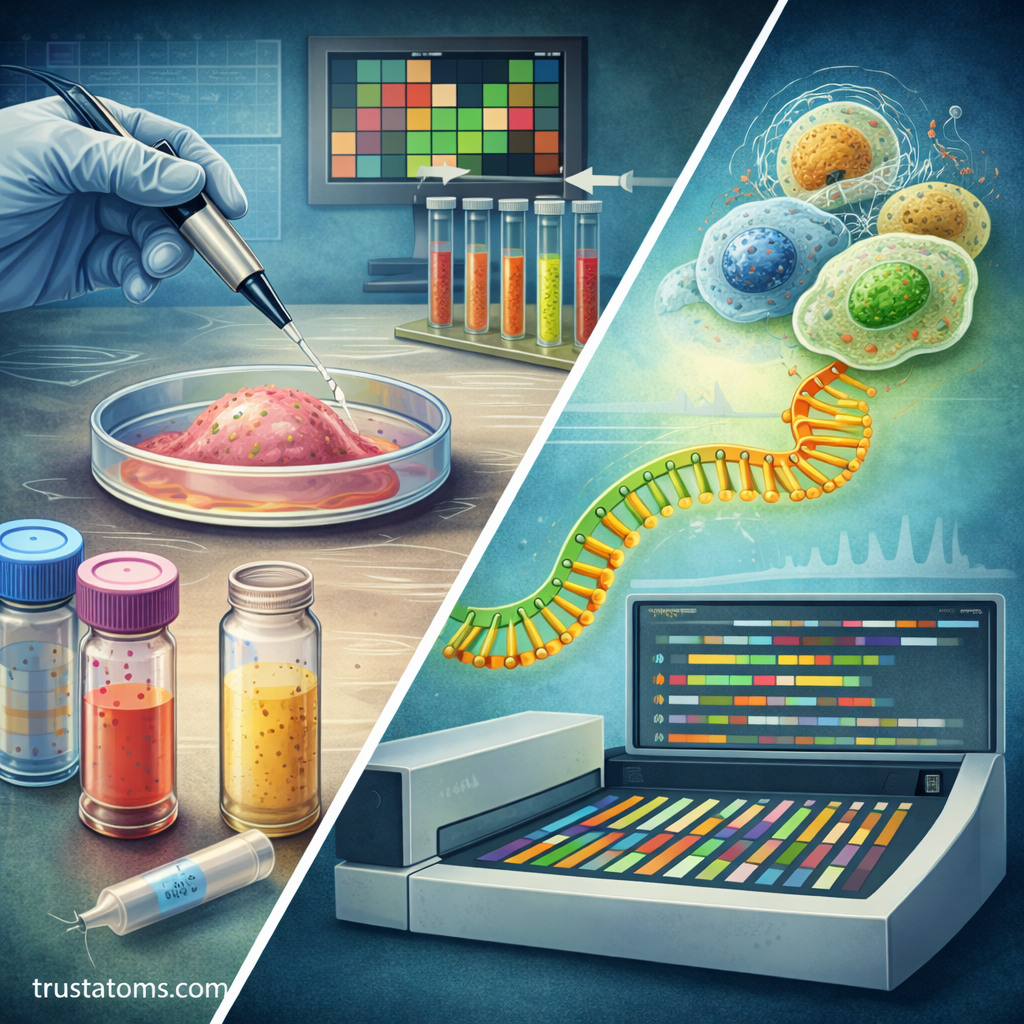 Split diagram illustration showing transcriptomics workflow with RNA extracted from cells and analyzed using a sequencing machine and gene expression data.