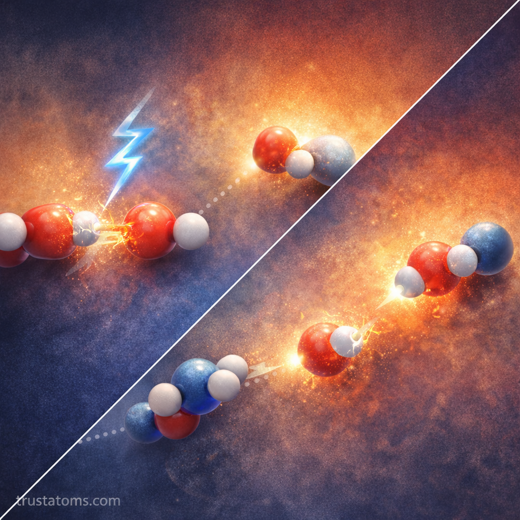 Split illustration showing bond breaking and bond forming processes during a chemical reaction, representing the transition state in reaction modeling.