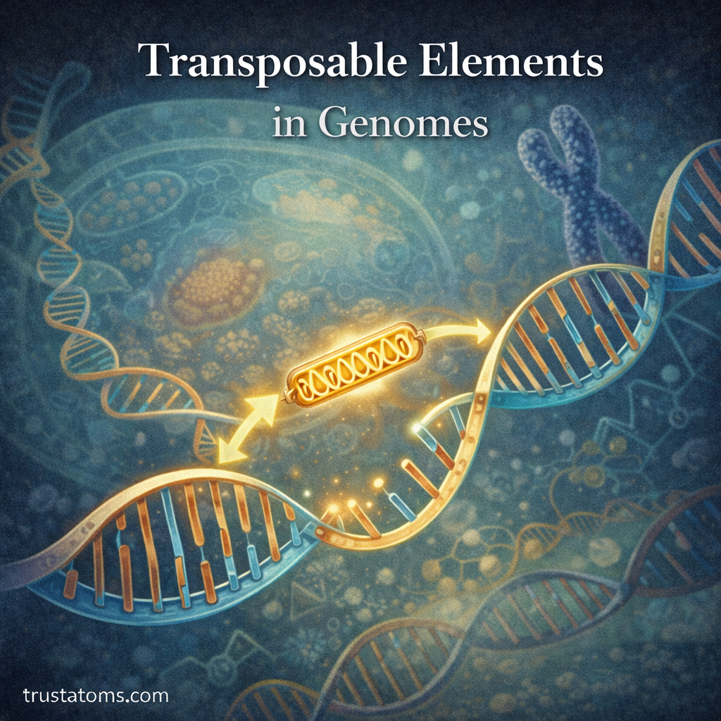 Illustration showing transposable elements or jumping genes moving within a DNA strand inside a genome.