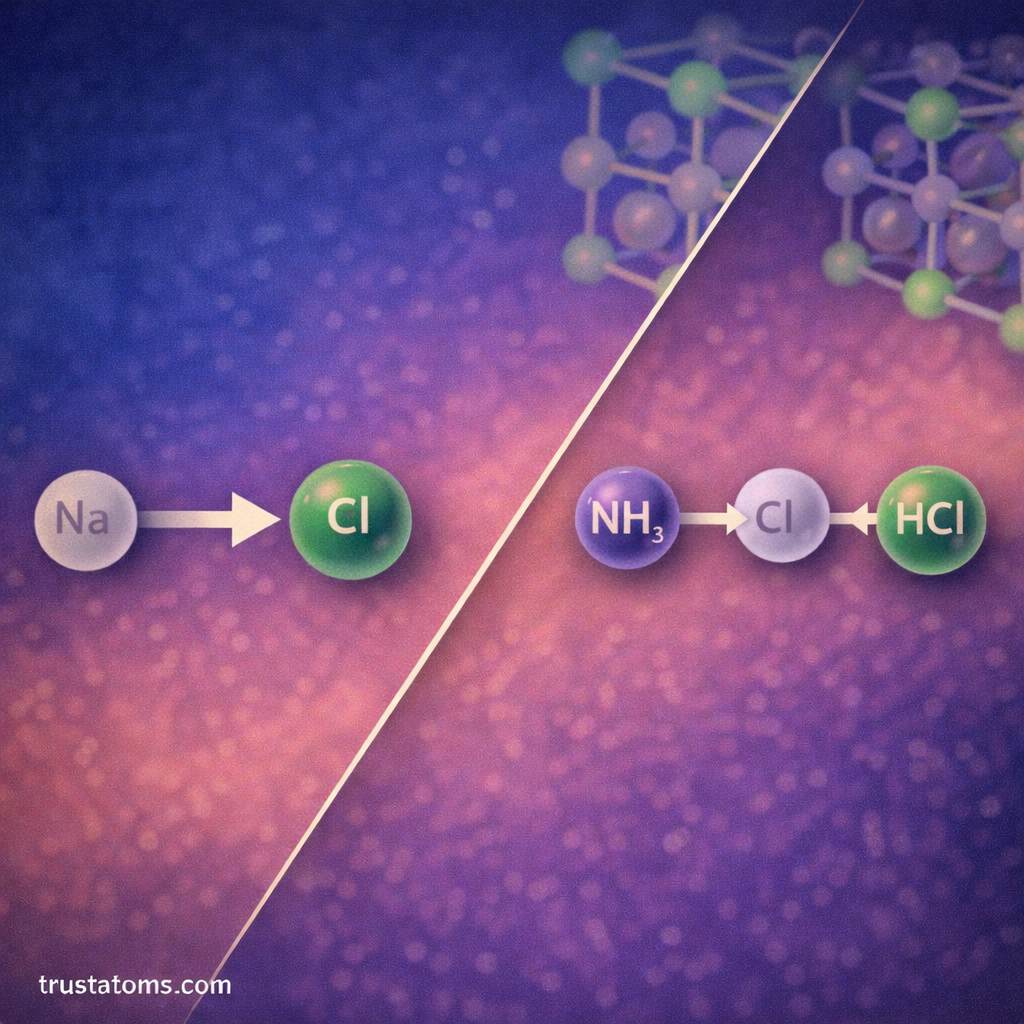 Chemistry diagram comparing two types of chemical reactions in a split illustration showing substances combining and breaking apart.