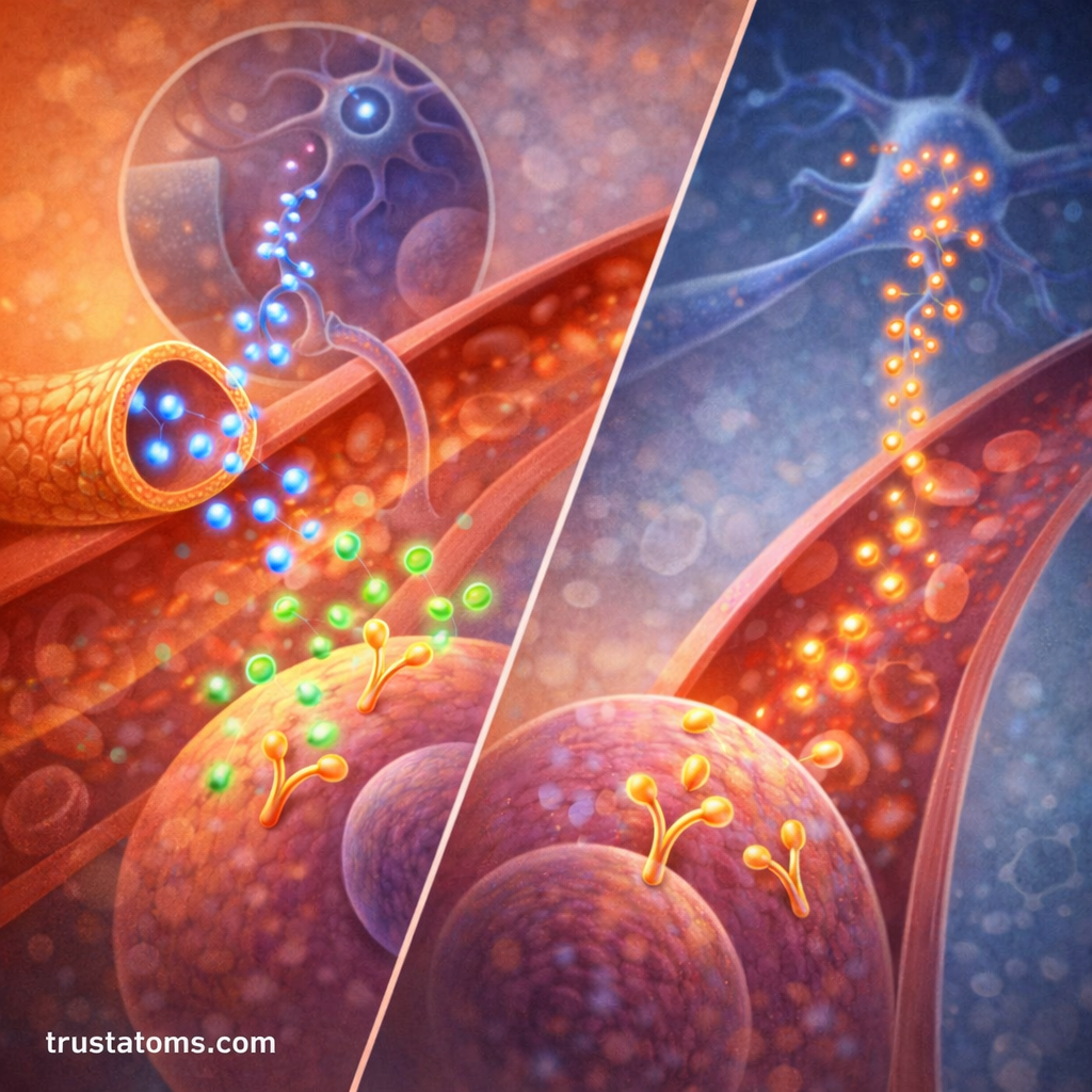 Split illustration showing different types of chemical signaling including endocrine, paracrine, and autocrine communication between cells.