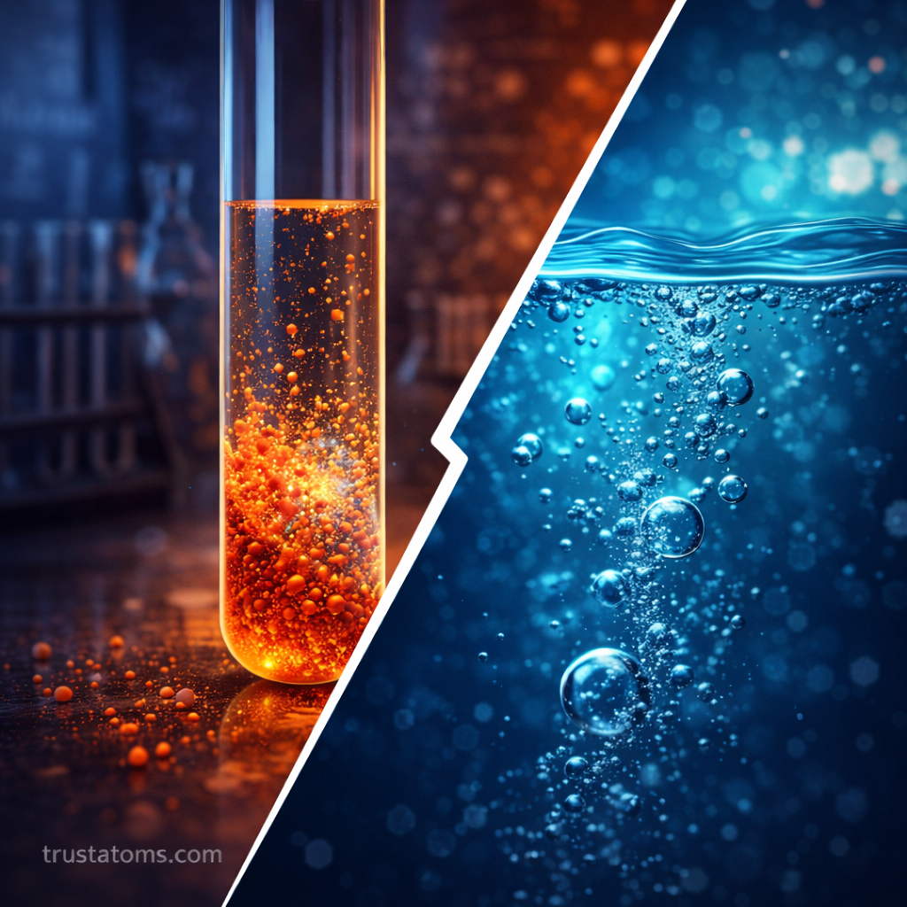 Split illustration showing a solid dissolving in liquid and gas bubbles dissolving in water to represent different types of chemical solutions.