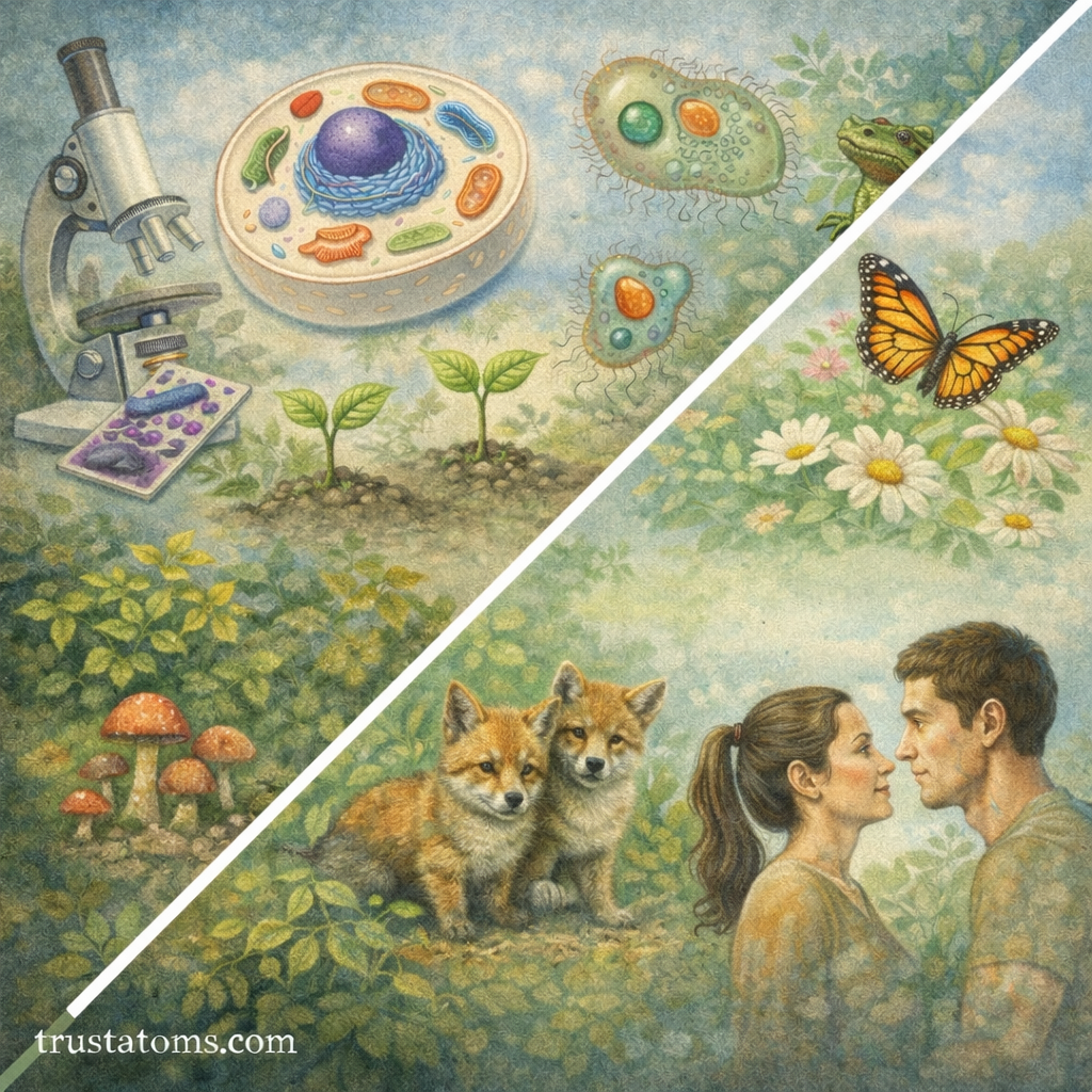 Split illustration showing microorganisms, plant growth, fungi, animals, and humans representing different types of living organisms.