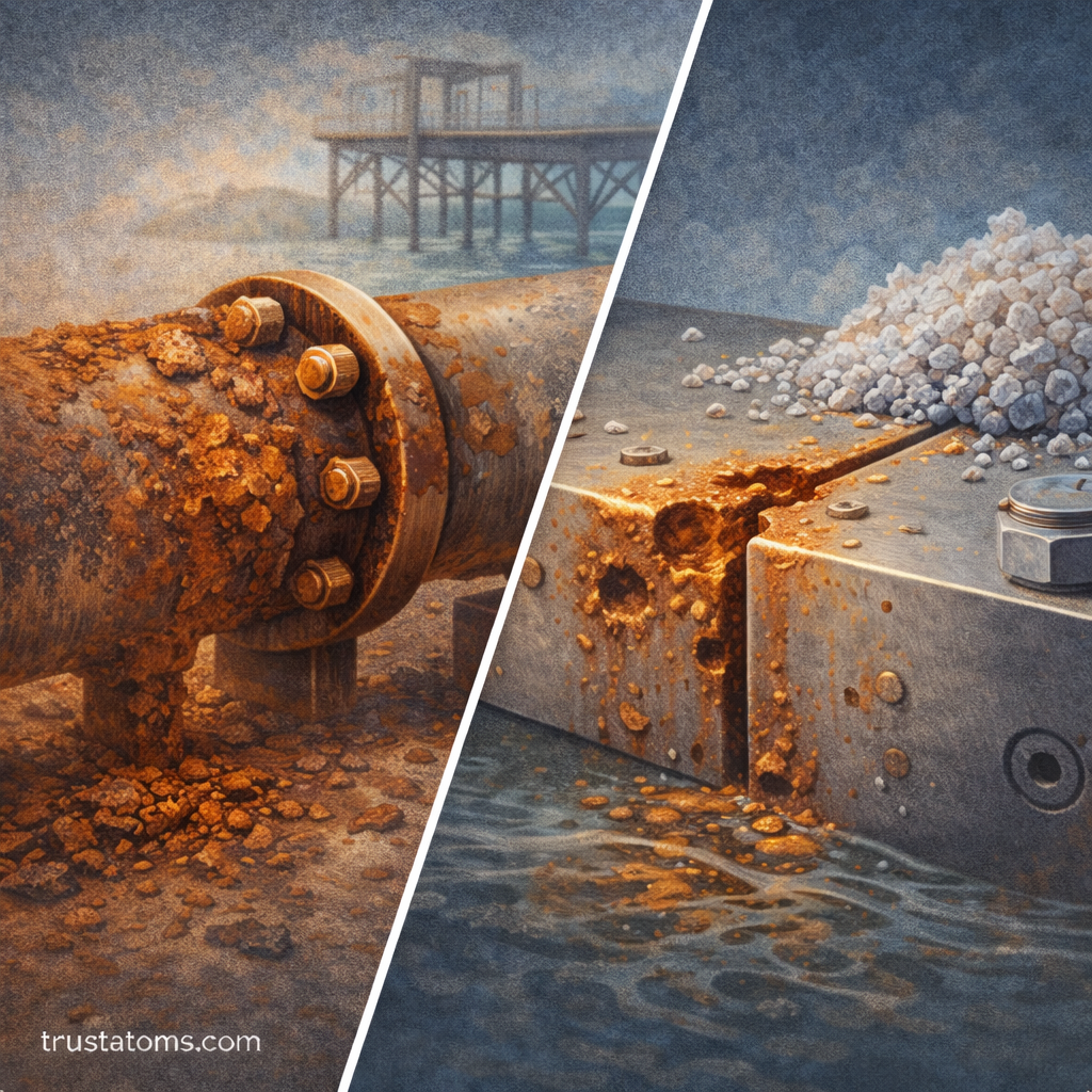 Split illustration showing uniform corrosion on a rusted pipeline and localized pitting and crevice corrosion on a metal surface exposed to salt and water.
