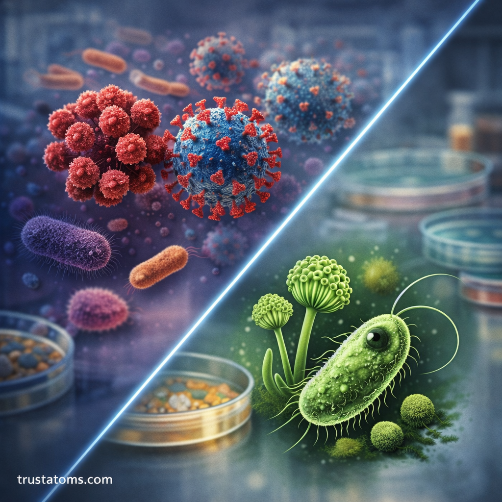 Illustrated split diagram showing different types of microorganisms including bacteria, viruses, fungi, and protozoa.
