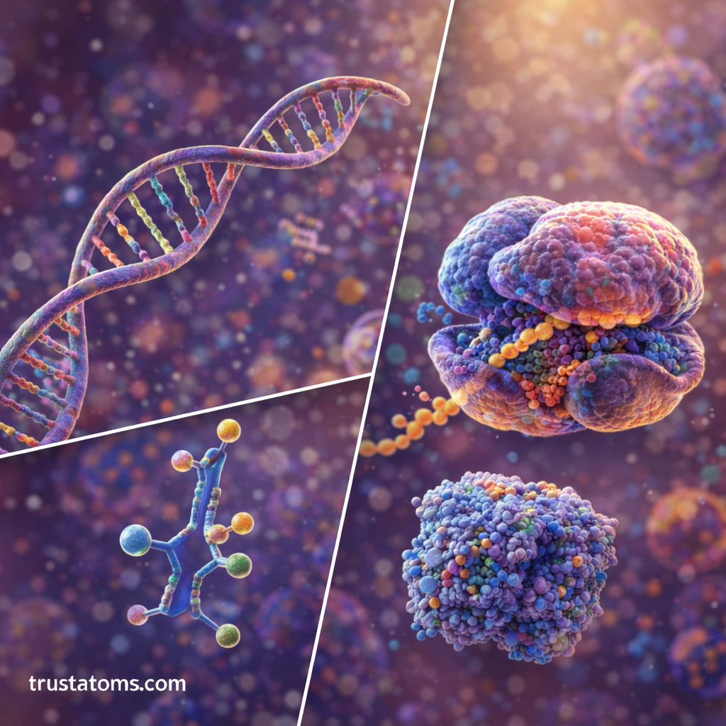 Illustration showing different types of RNA including messenger RNA, transfer RNA, and ribosomal RNA involved in protein synthesis.