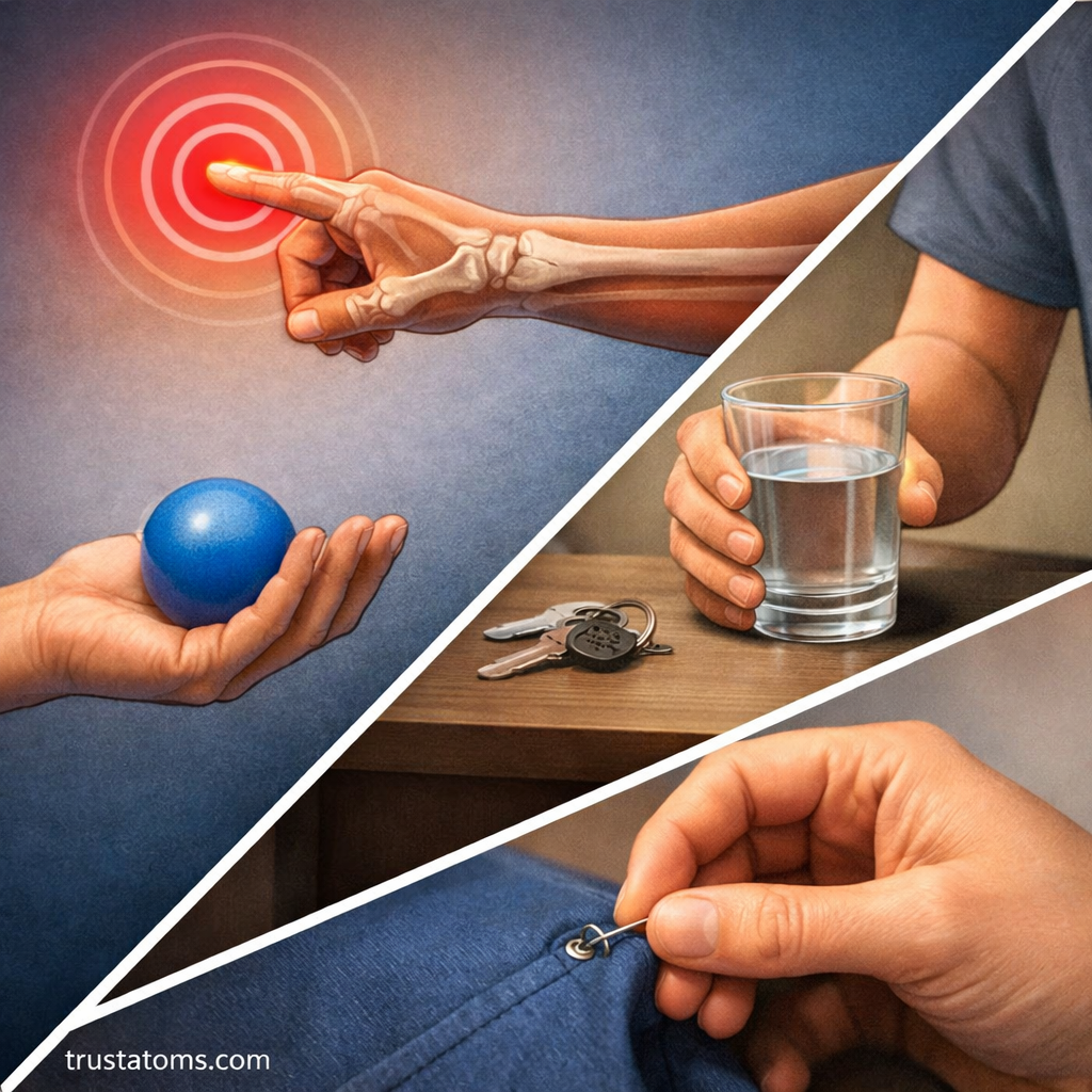 Split illustration showing hand reaching, holding objects, and performing fine motor grasping tasks.