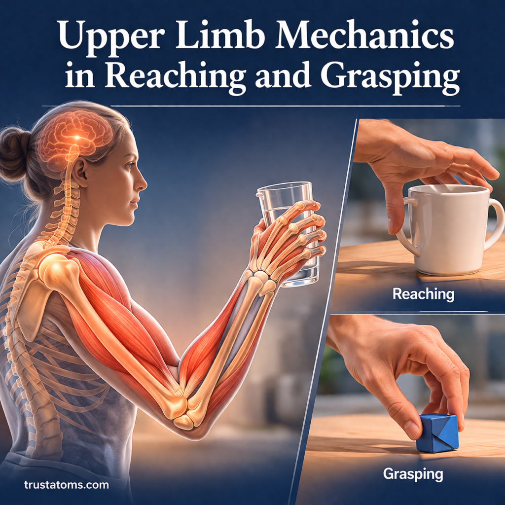 Illustration of upper limb mechanics showing arm movement during reaching and hand grasping actions.