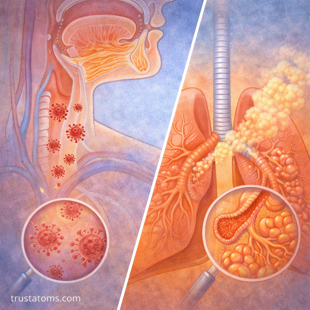 Split illustration showing infections in the upper respiratory tract and inflammation in the lower respiratory tract lungs.