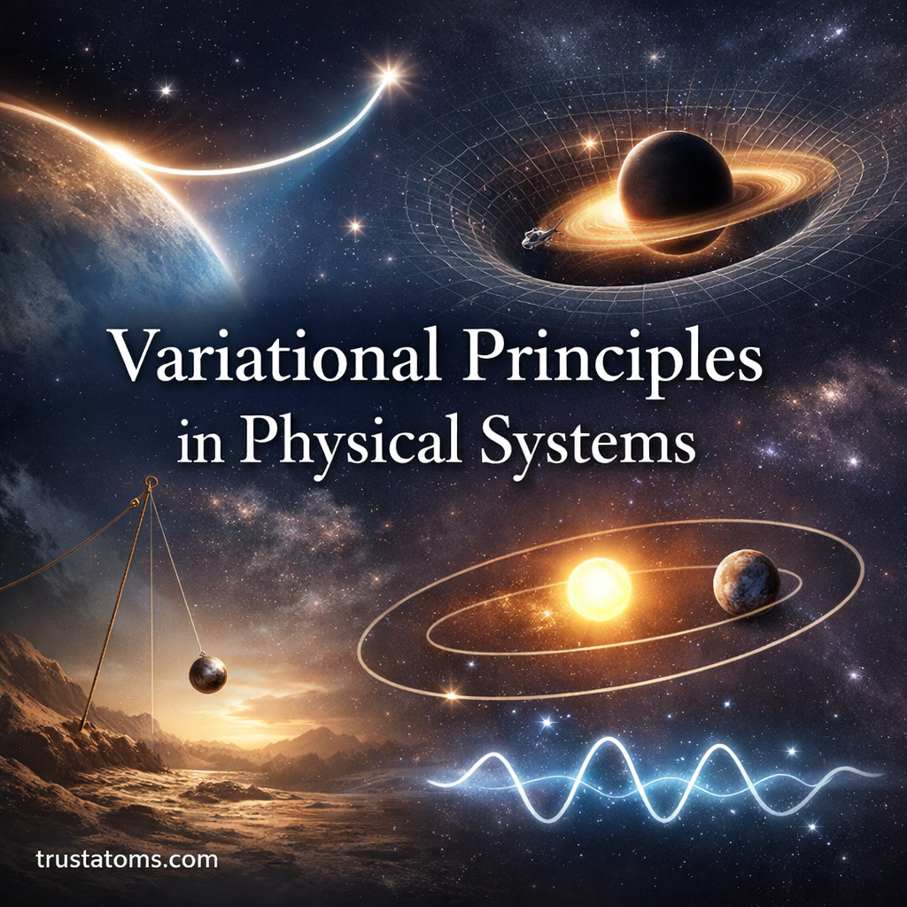 Contextual illustration of variational principles in physical systems showing light paths, planetary motion, spacetime curvature, and wave behavior with the title overlay and trustatoms.com watermark.