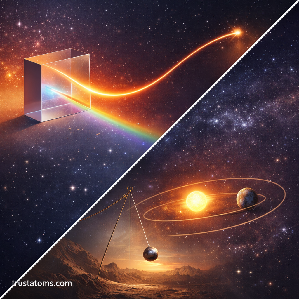 Diagonal split illustration showing light refraction through a prism and a pendulum with planetary orbit, representing variational principles in optics and mechanics, with trustatoms.com watermark.