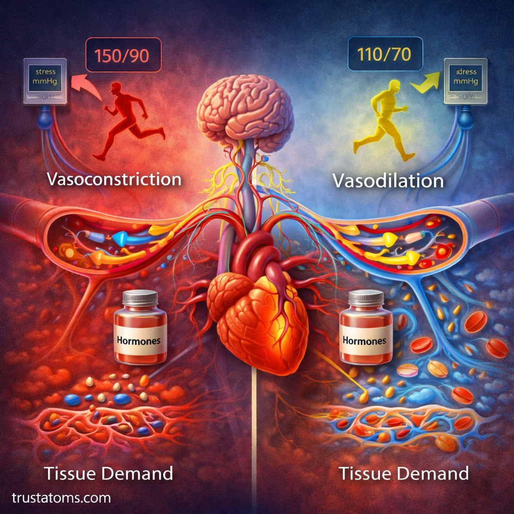 Split diagram showing how blood vessels constrict and dilate in response to tissue demand and activity levels.