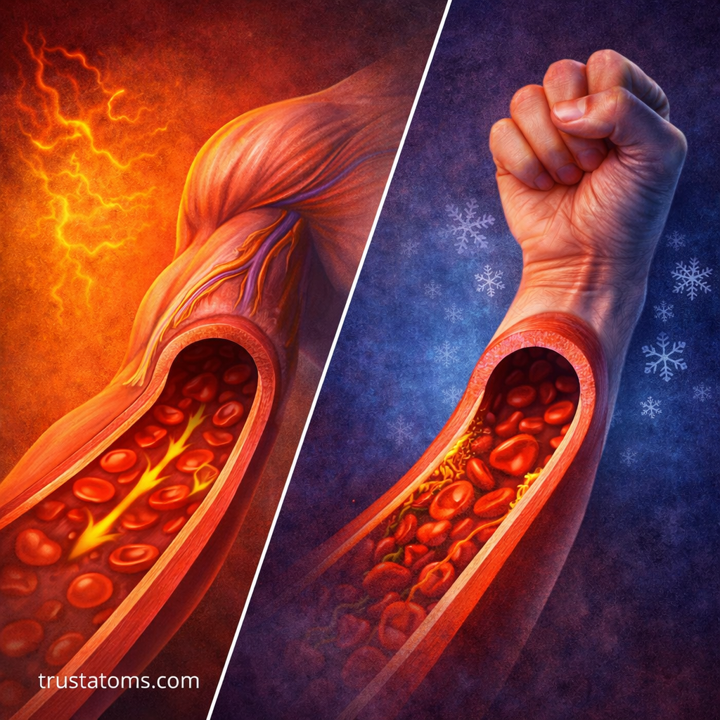 Split illustration of an arm showing vasodilation with widened blood vessels and vasoconstriction with narrowed vessels and reduced blood flow.