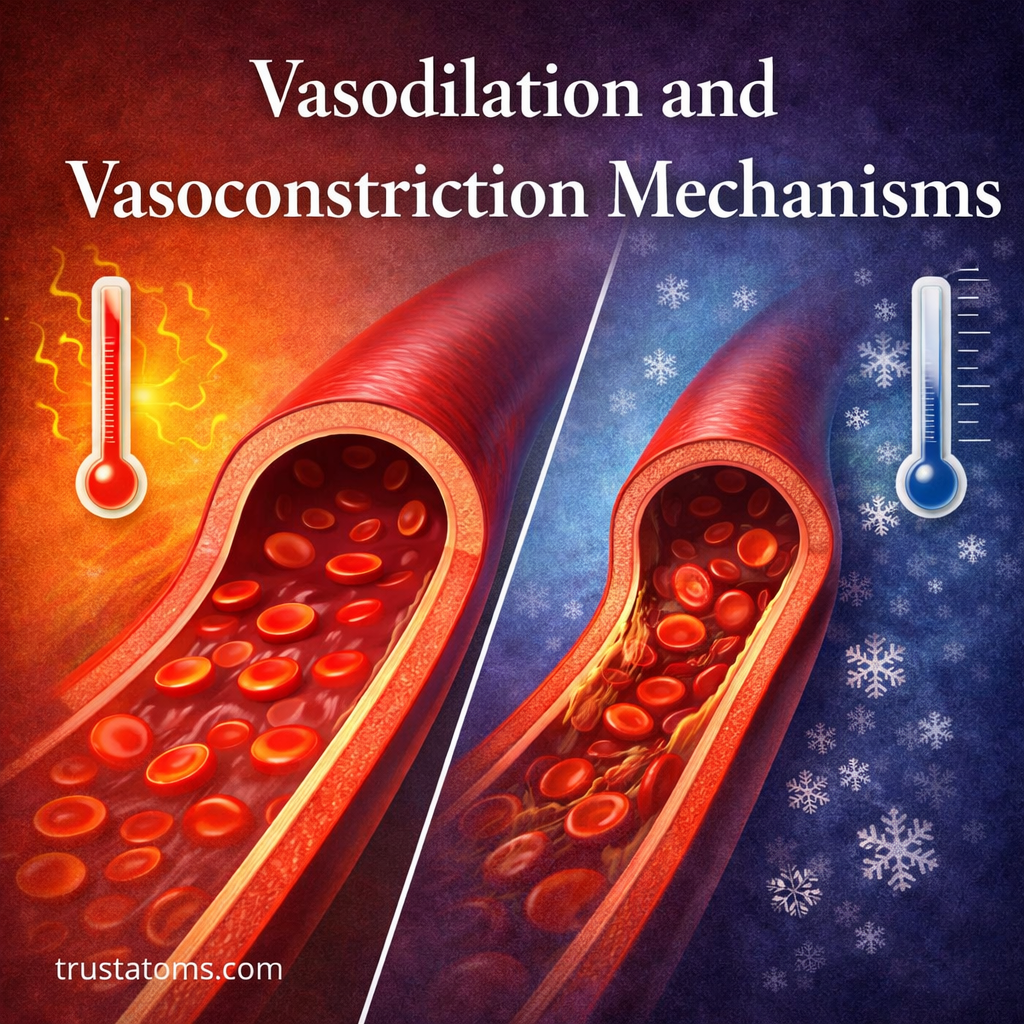 Illustration comparing vasodilation and vasoconstriction showing widened and narrowed blood vessels with blood flow differences.