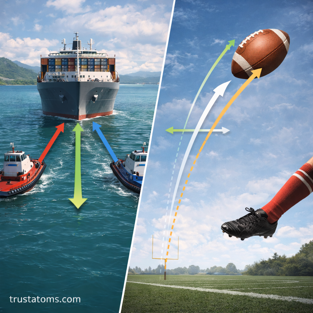 Split illustration showing tugboats applying directional forces to move a cargo ship and a football kicked through the air to demonstrate vectors.