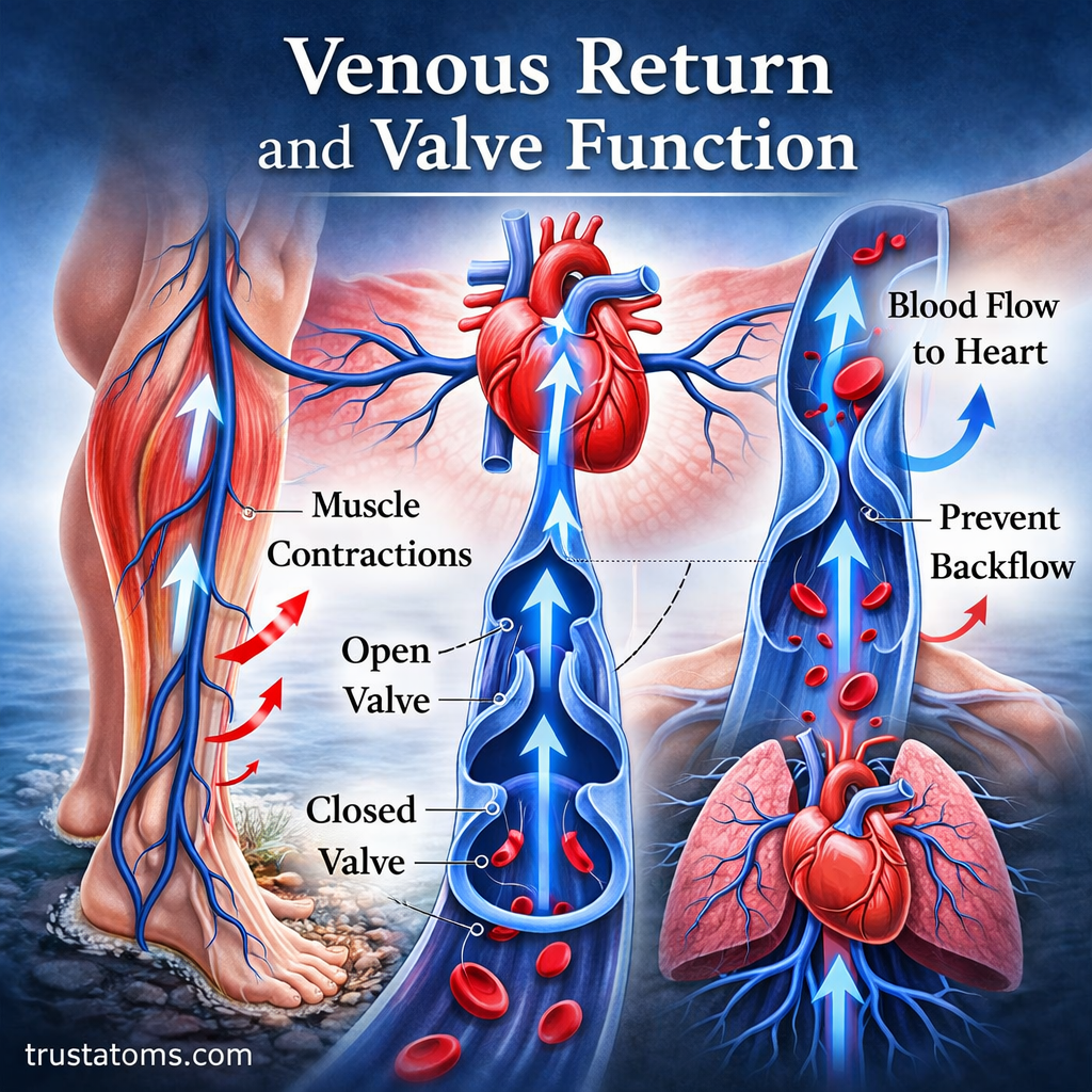 Illustration of venous return showing blood flow toward the heart with vein valves preventing backflow and muscle contractions aiding circulation.