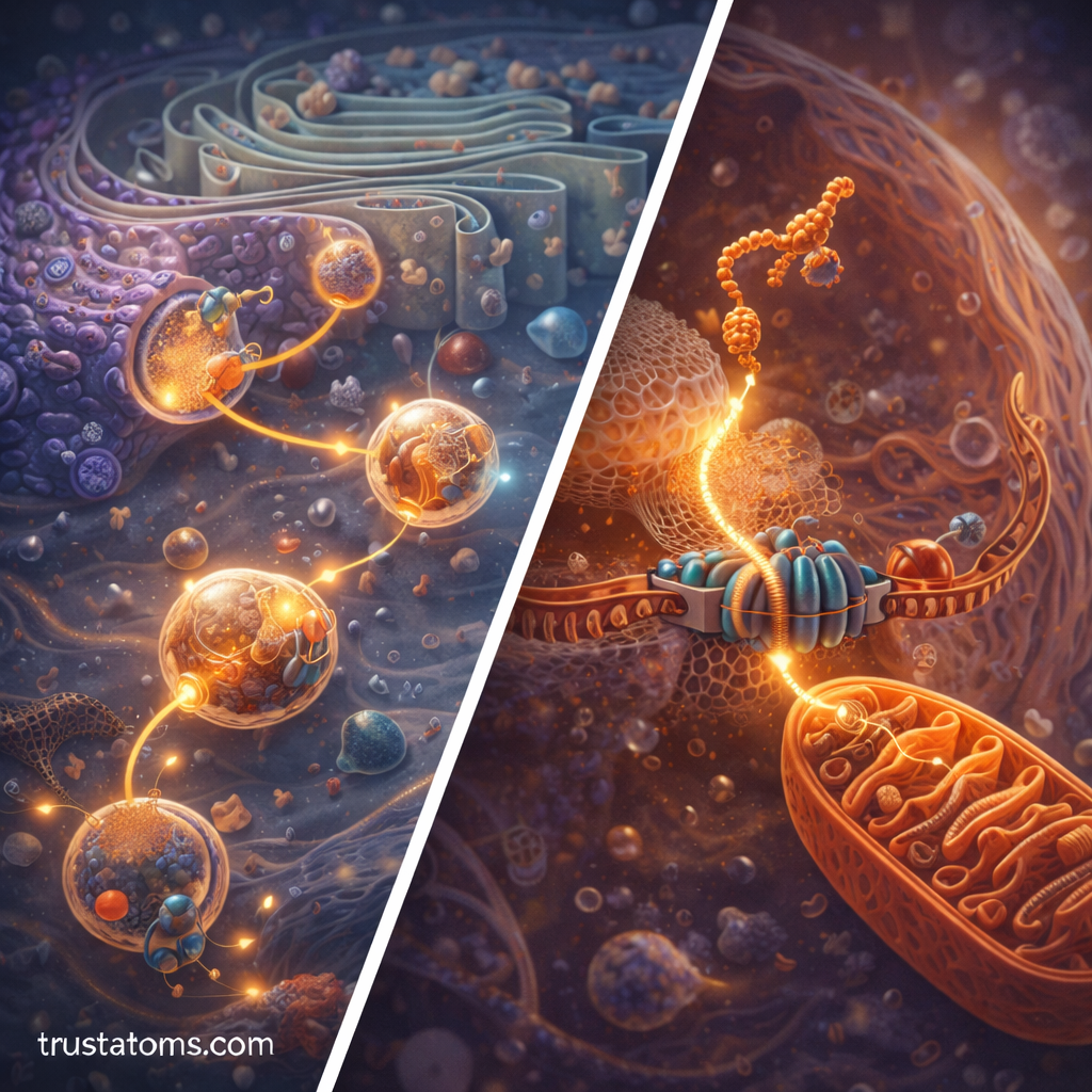 Split illustration showing vesicle-mediated protein transport between the endoplasmic reticulum and Golgi apparatus on one side and protein import into mitochondria on the other.