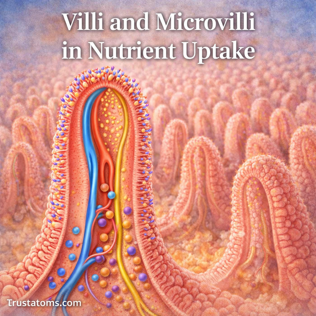Illustration showing villi and microvilli in the small intestine absorbing nutrients into blood and lymph vessels.