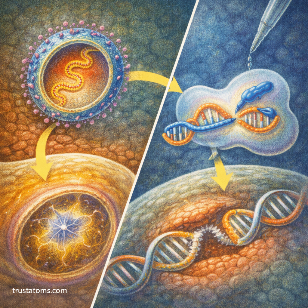 Split illustration showing viral vector gene delivery entering a human cell on one side and CRISPR gene editing modifying a DNA strand on the other.