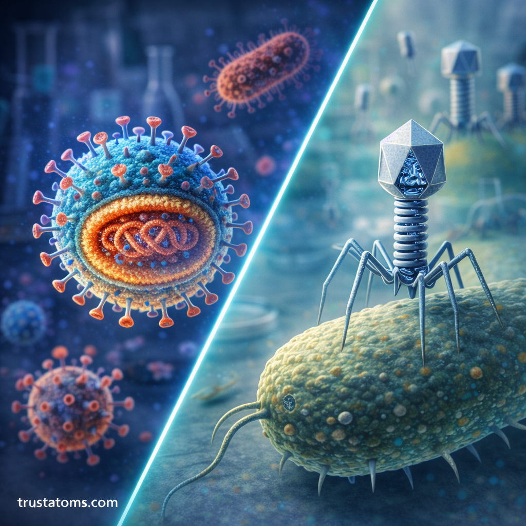 Split illustration showing an enveloped spherical virus on one side and a bacteriophage infecting a bacterium on the other.