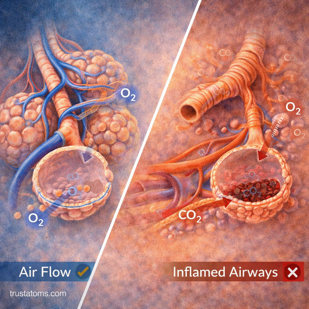 Split diagram showing normal ventilation-perfusion matching versus V/Q mismatch with inflamed airways and impaired gas exchange.
