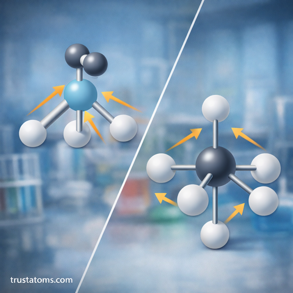 Illustration showing how electron pair repulsion affects molecular geometry in VSEPR theory using tetrahedral and octahedral examples.