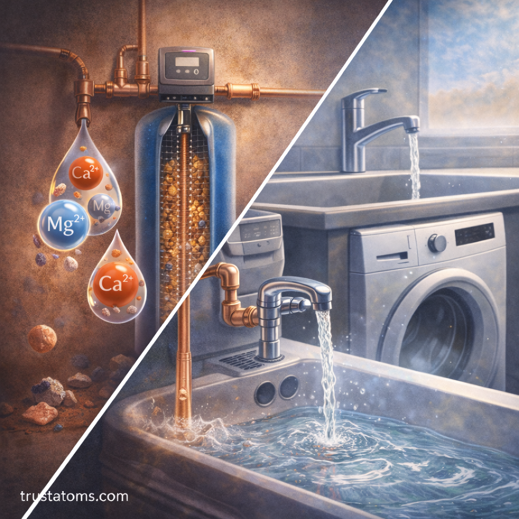 Split educational illustration showing hard water with calcium and magnesium ions entering a water softener and softened water flowing from a household faucet.