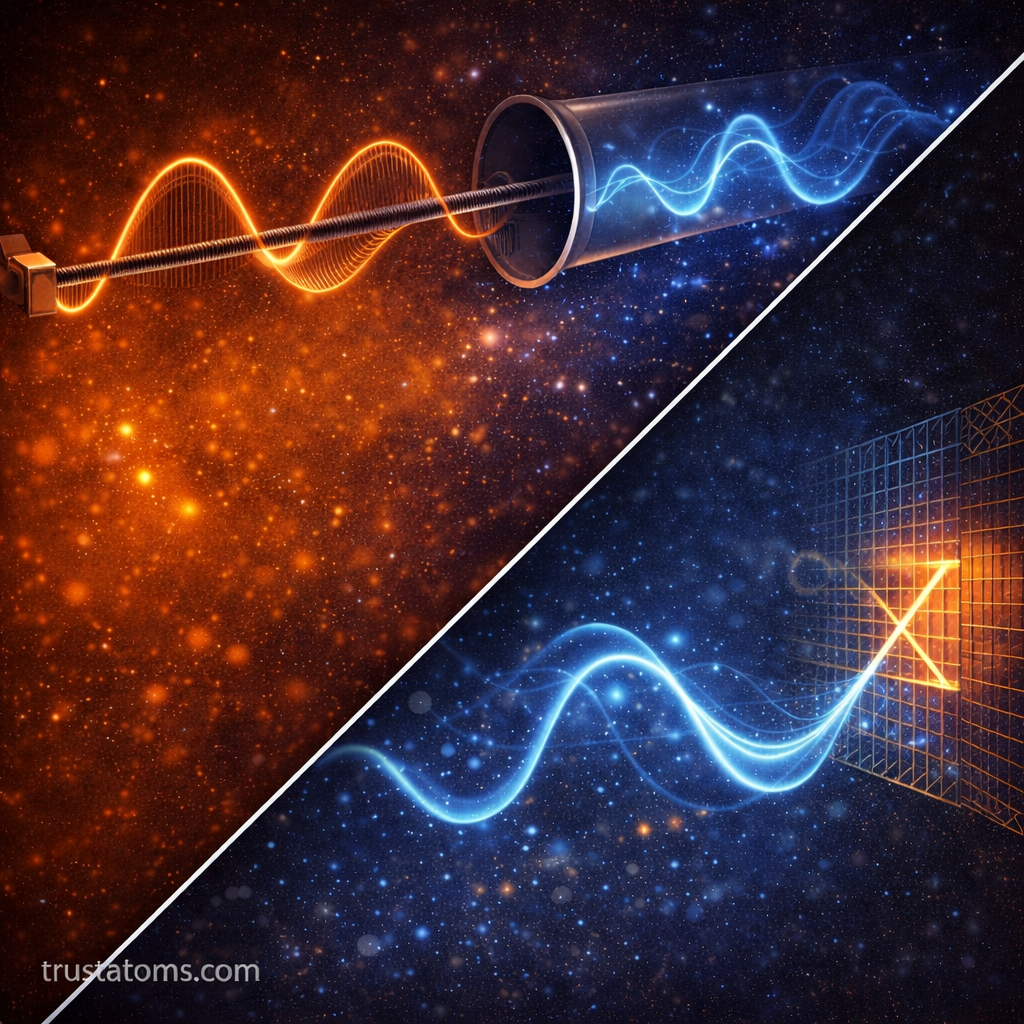Diagonal split illustration showing a vibrating string and sound waves in a pipe on one side, and wave reflection at a rigid boundary on the other.