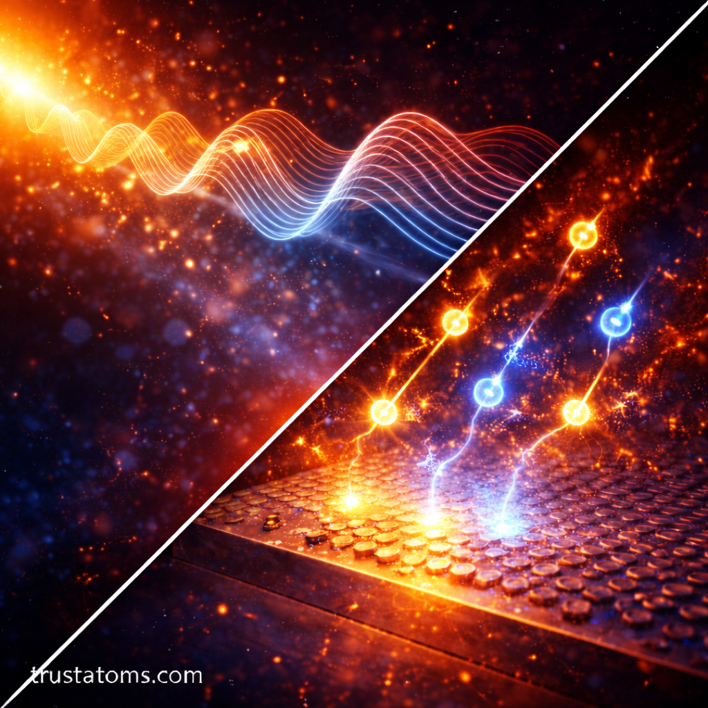 Diagonal split illustration comparing classical light waves and photon particle behavior in the photoelectric effect, featuring trustatoms.com watermark.
