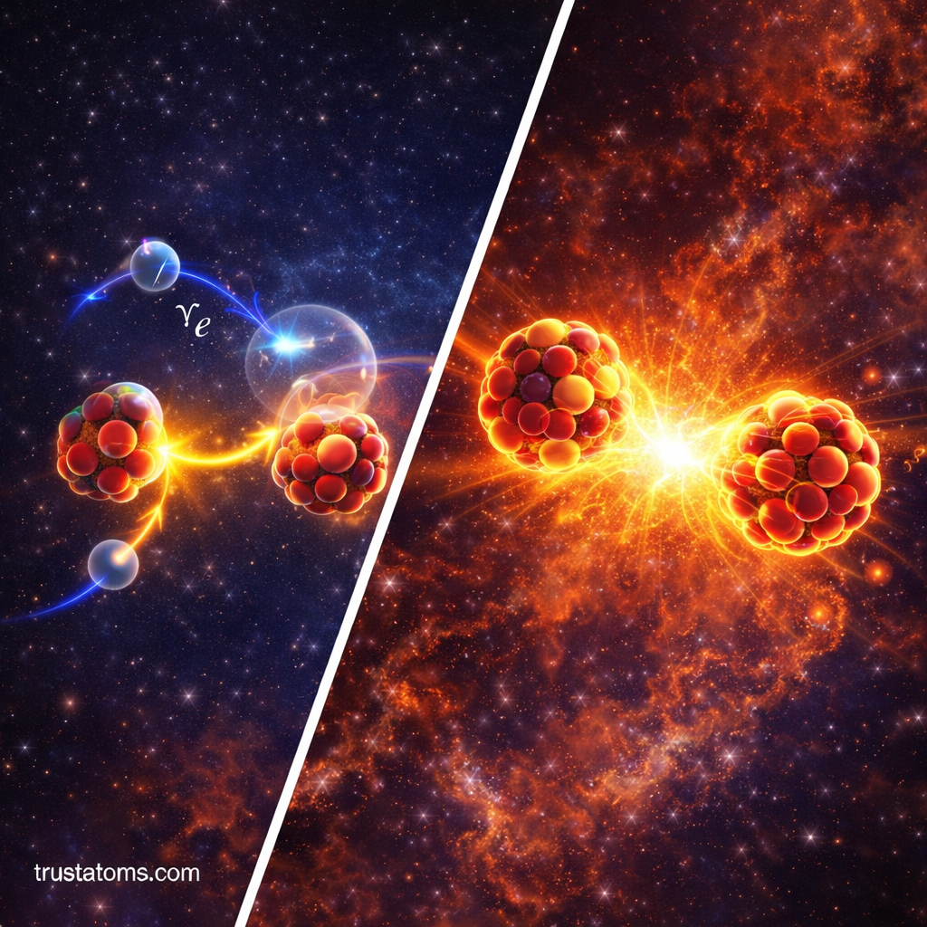 Diagonal split illustration showing beta decay for the weak nuclear force on one side and nuclear fusion driven by the strong force on the other.