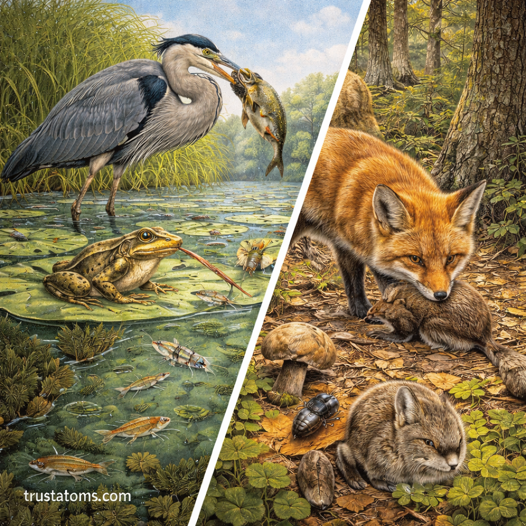Split illustration showing food chain interactions in a wetland with a heron and frog catching prey and in a forest with a fox hunting a small mammal.