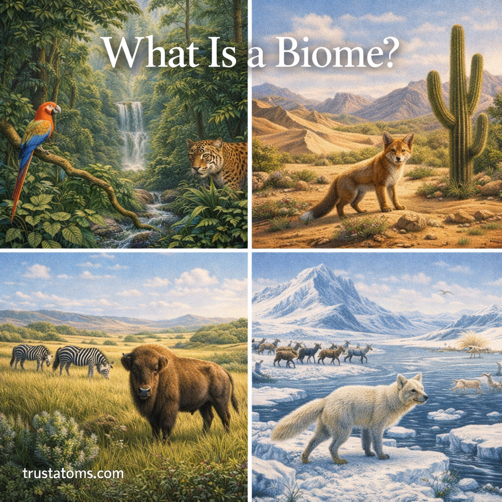 Educational illustration showing four major biomes including tropical rainforest, desert, grassland, and tundra with animals adapted to each environment.