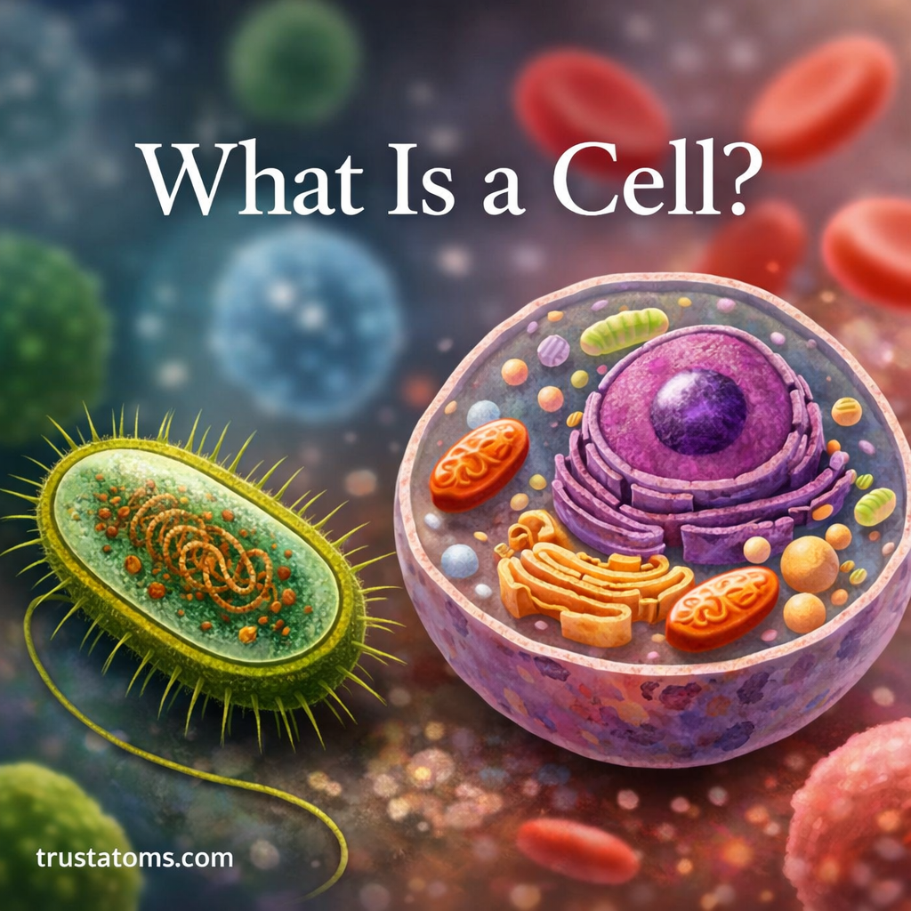 Illustration diagram showing the basic structure of a biological cell with nucleus and organelles explaining what a cell is.
