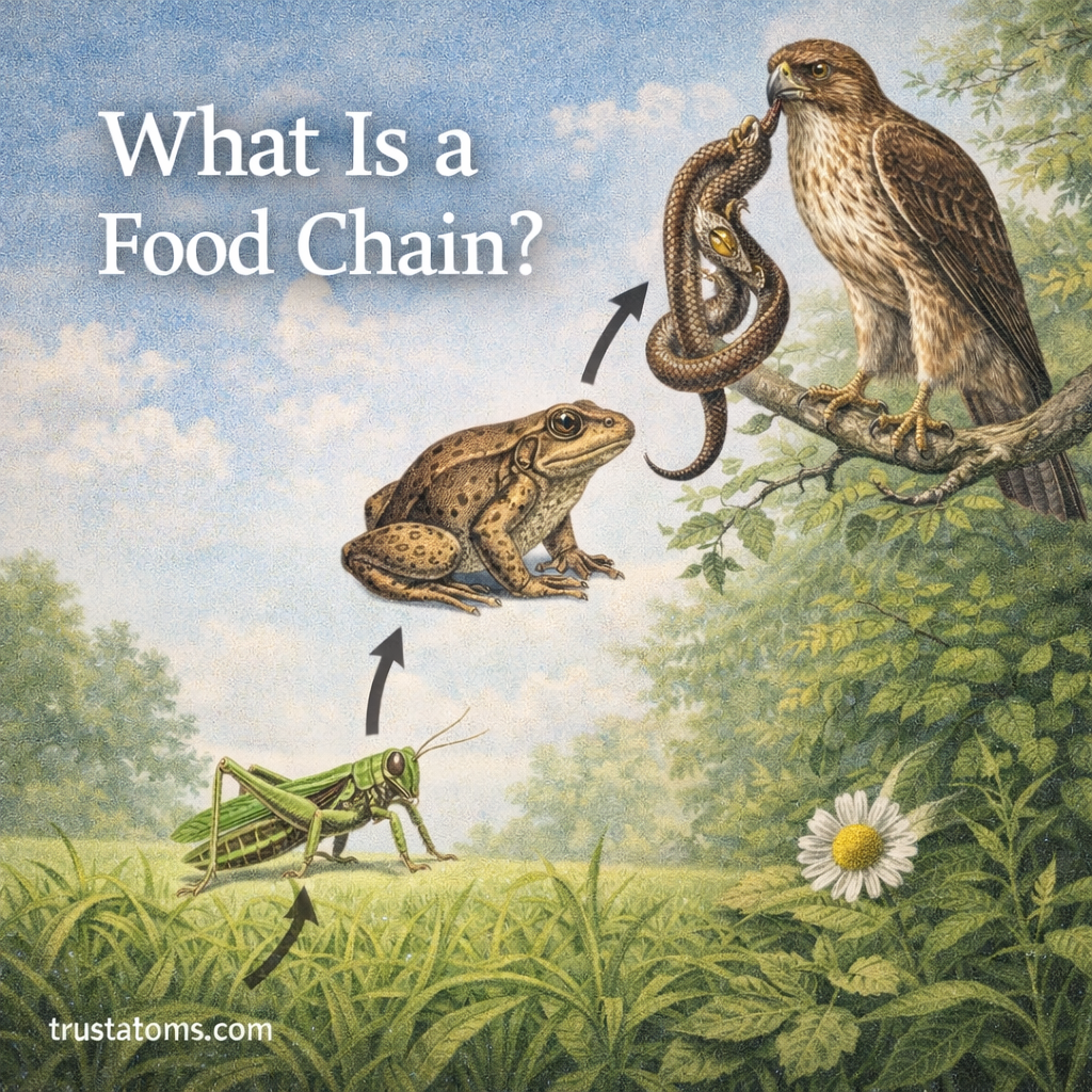 Educational illustration showing a food chain with grasshopper, frog, snake, and hawk connected by arrows representing energy flow in an ecosystem.