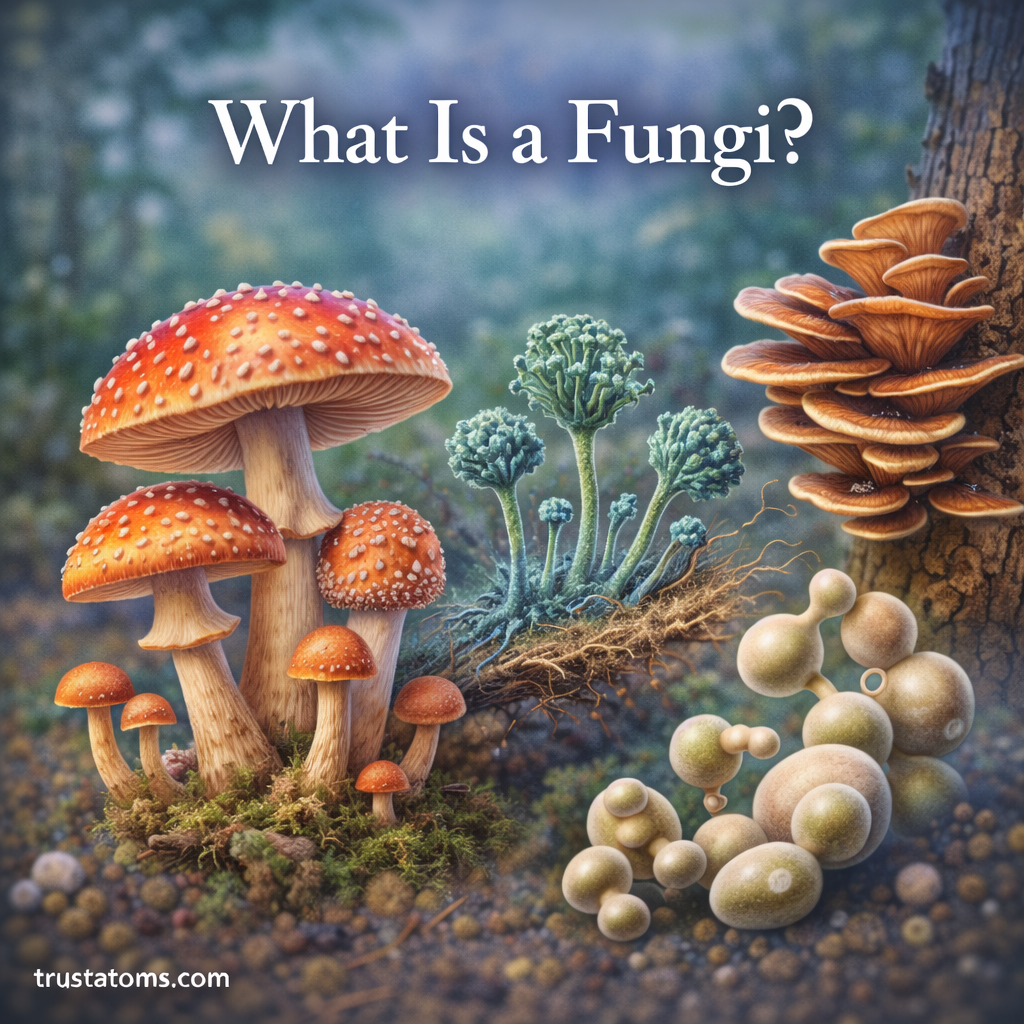 Educational illustration showing different types of fungi including mushrooms, mold structures, and yeast cells.