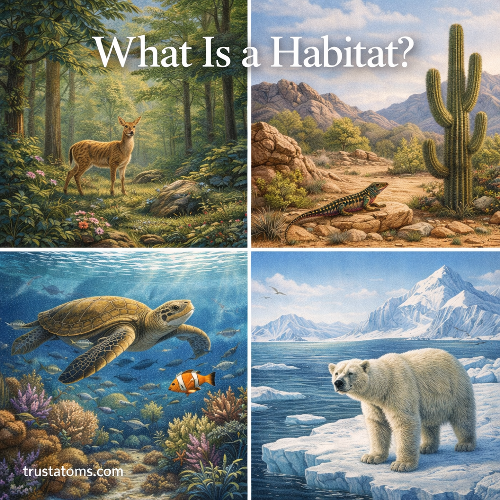 Educational illustration showing multiple habitats including forest, desert, ocean, and Arctic environments with animals adapted to each ecosystem.