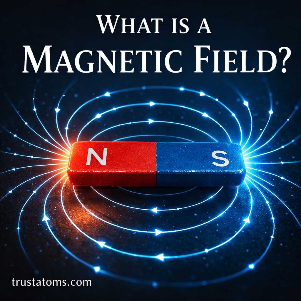 Educational illustration of a bar magnet with glowing magnetic field lines curving from the north pole to the south pole.