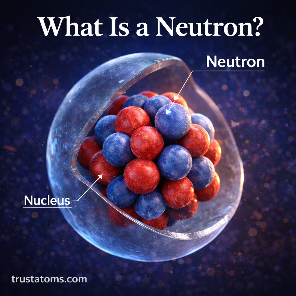 Educational illustration showing neutrons and protons clustered inside an atomic nucleus to explain what a neutron is in chemistry.