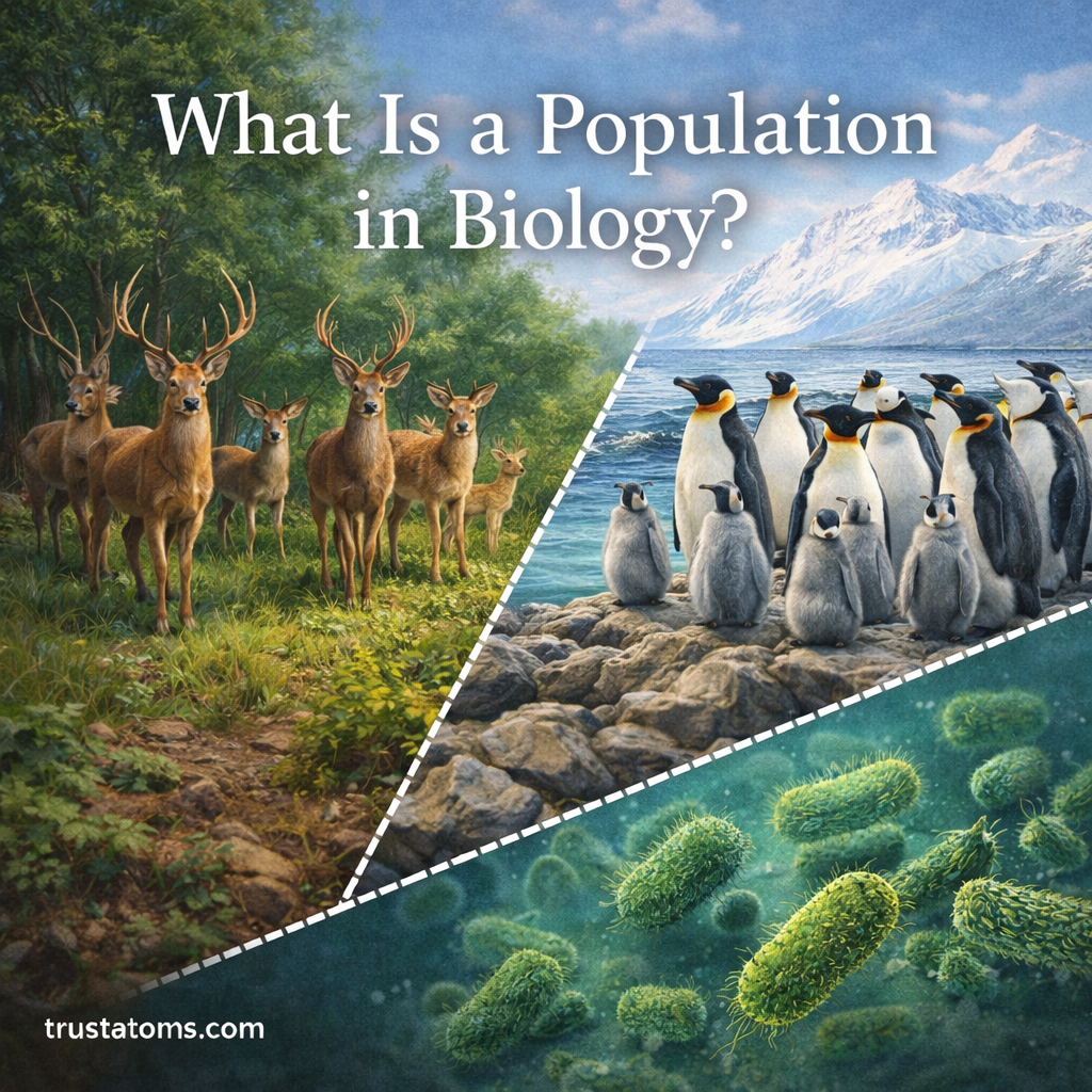 Educational illustration showing groups of deer, penguins, and bacteria representing biological populations of the same species living in shared environments.