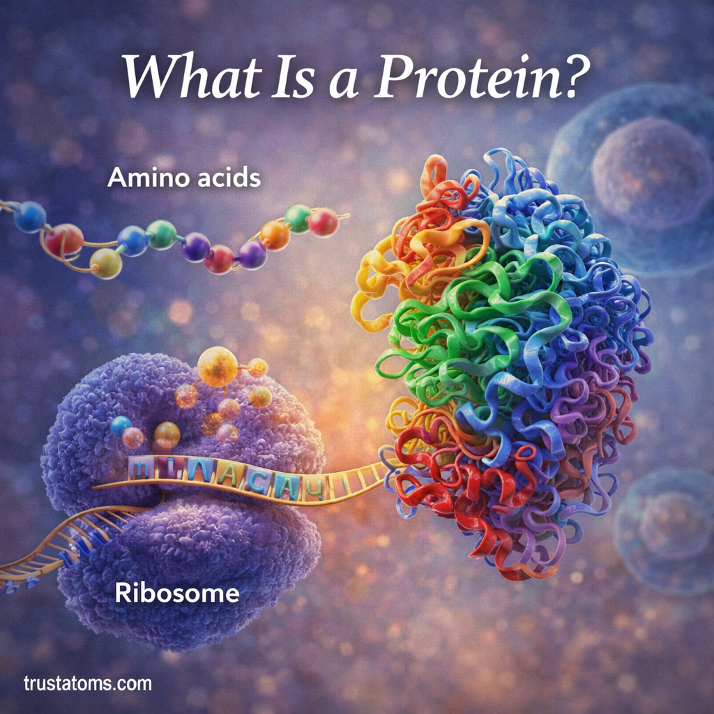Scientific illustration showing amino acids forming a protein structure and a ribosome building a polypeptide chain during protein synthesis.