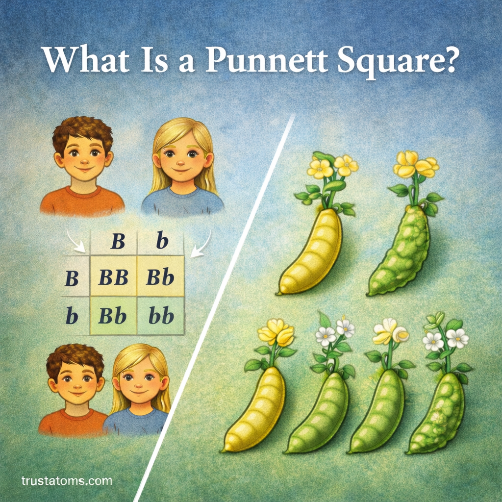 Educational biology illustration showing a simple Punnett square concept with parents and pea plant traits representing genetic inheritance.