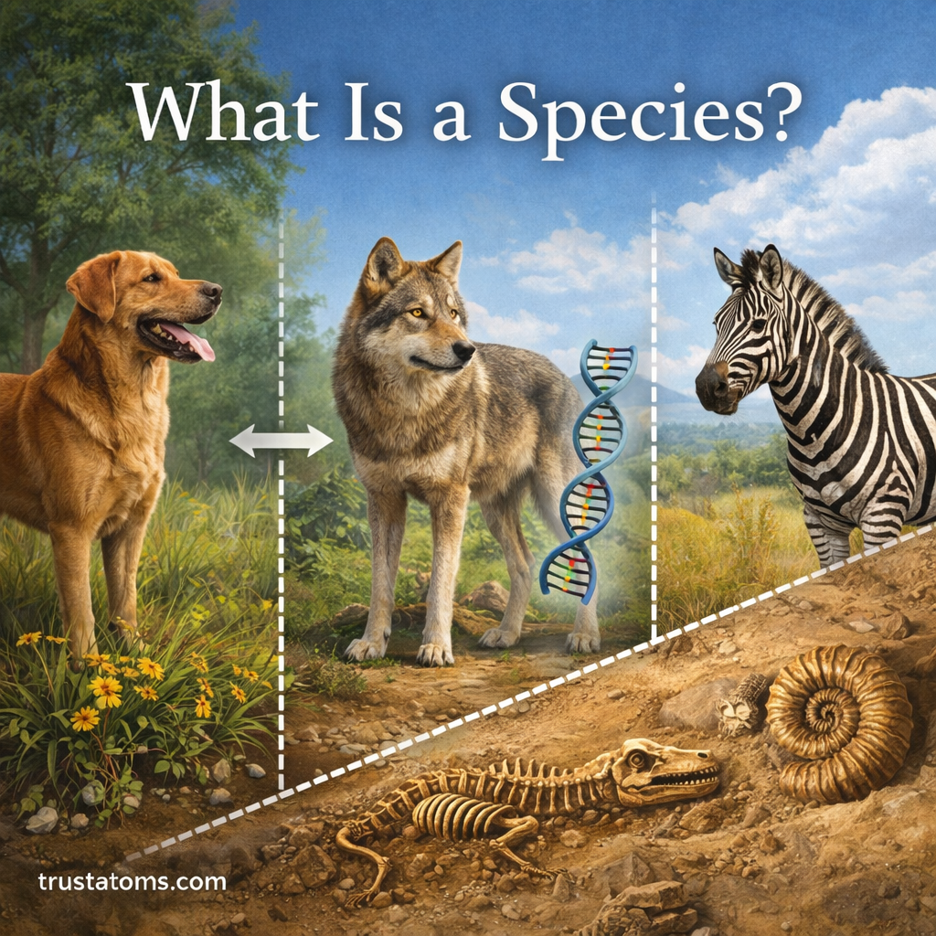 Educational biology illustration showing a dog, wolf, zebra, and fossils with DNA imagery to explain how scientists define a species.