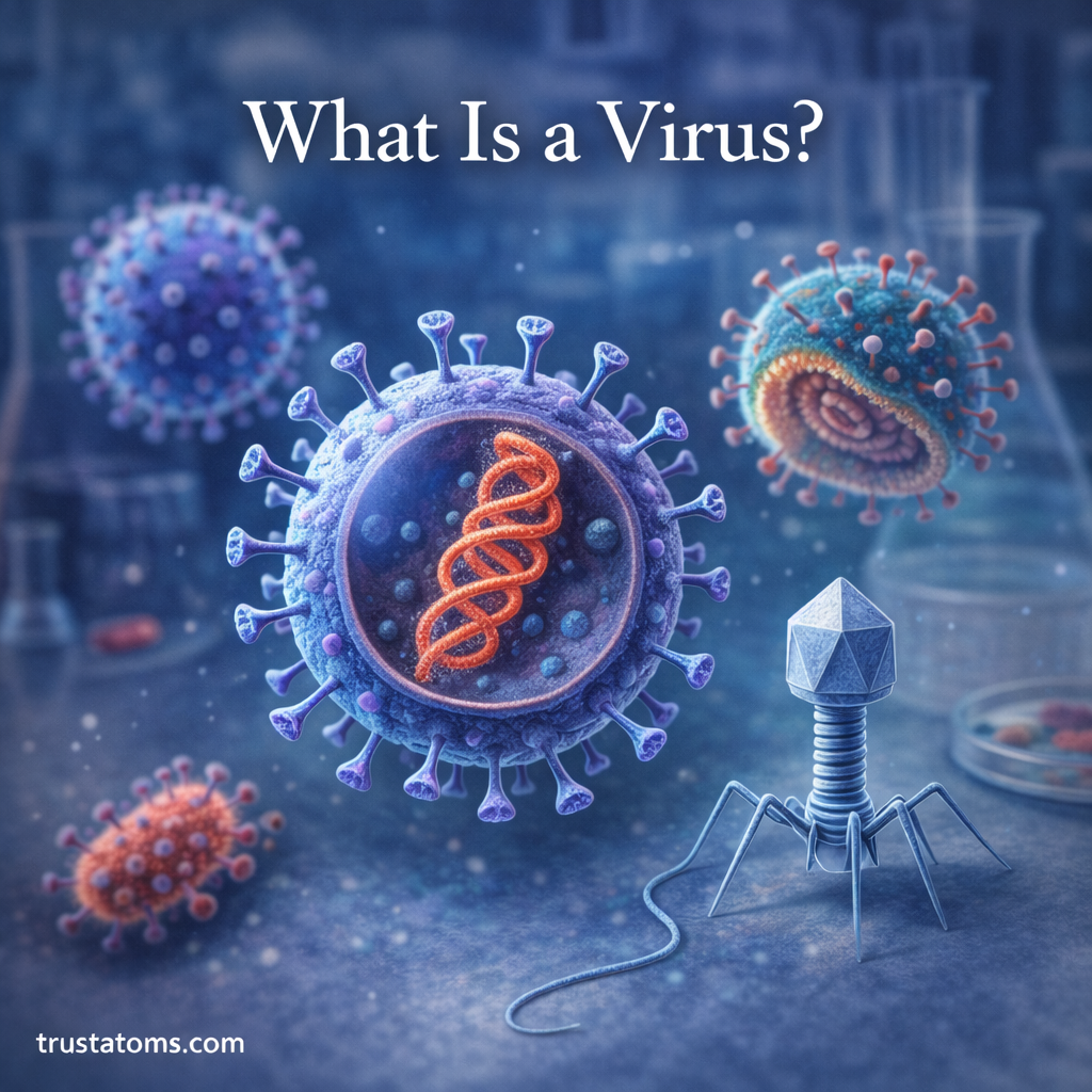 Educational illustration showing different virus types including a spherical virus and a bacteriophage with visible genetic material.
