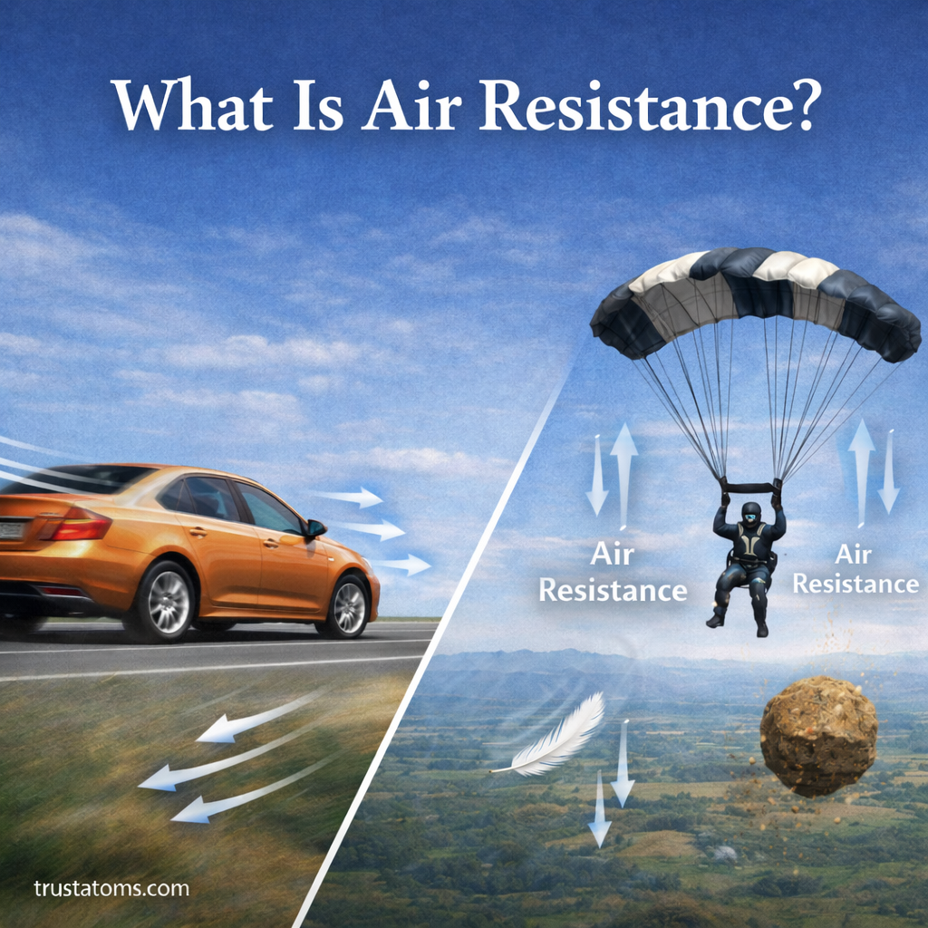 Educational illustration showing a car driving and a skydiver falling to demonstrate air resistance acting against motion through the atmosphere.