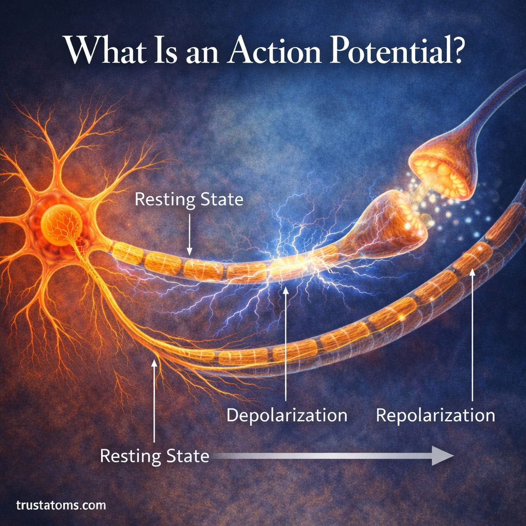 Educational illustration of an action potential showing electrical impulses traveling along a neuron’s axon.