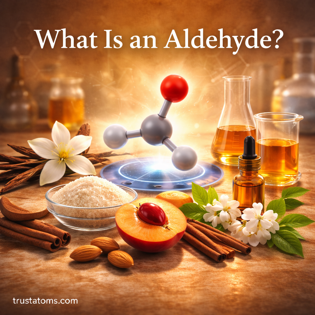 Educational chemistry illustration showing an aldehyde molecular model surrounded by vanilla, almonds, fruit, spices, and laboratory glassware representing natural aromas and chemical uses of aldehydes.