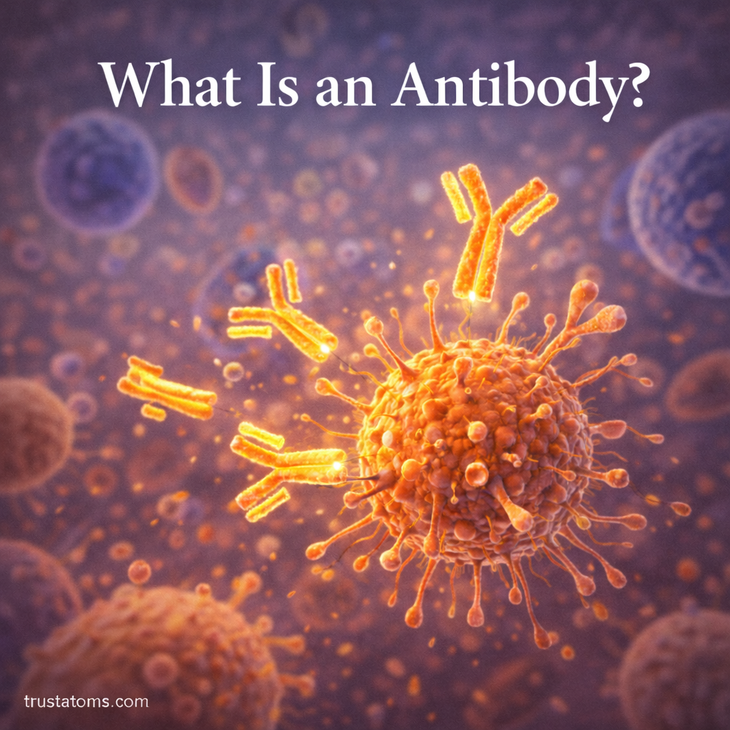 Scientific illustration showing antibodies binding to a virus particle as part of the immune system response.