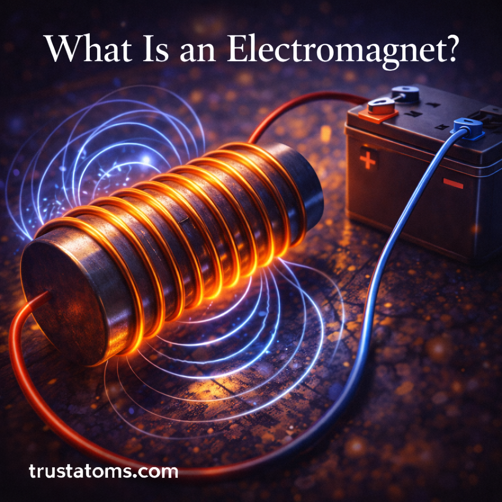 Illustration showing a simple electromagnet made of copper wire coiled around an iron core connected to a battery creating a magnetic field.